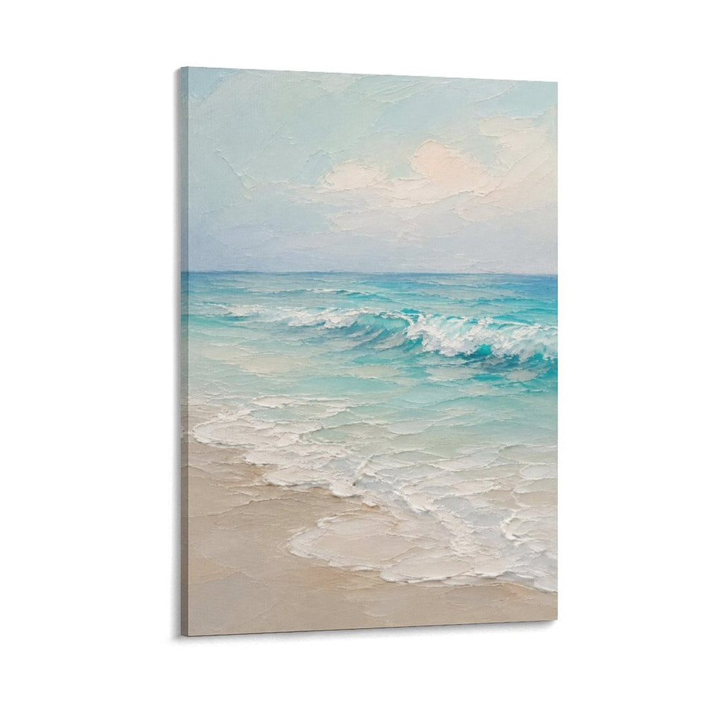 Serene Teal Beach Waves Coastal Oil Painting Framed Canvas Wall Art