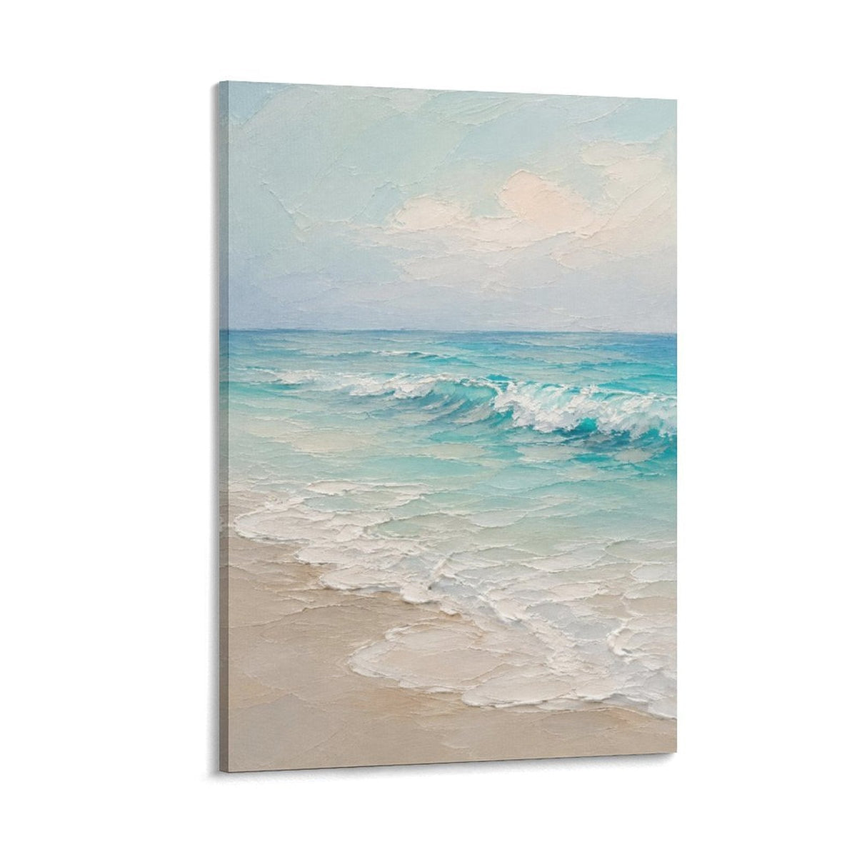 Serene Teal Beach Waves Coastal Oil Painting Framed Canvas Wall Art