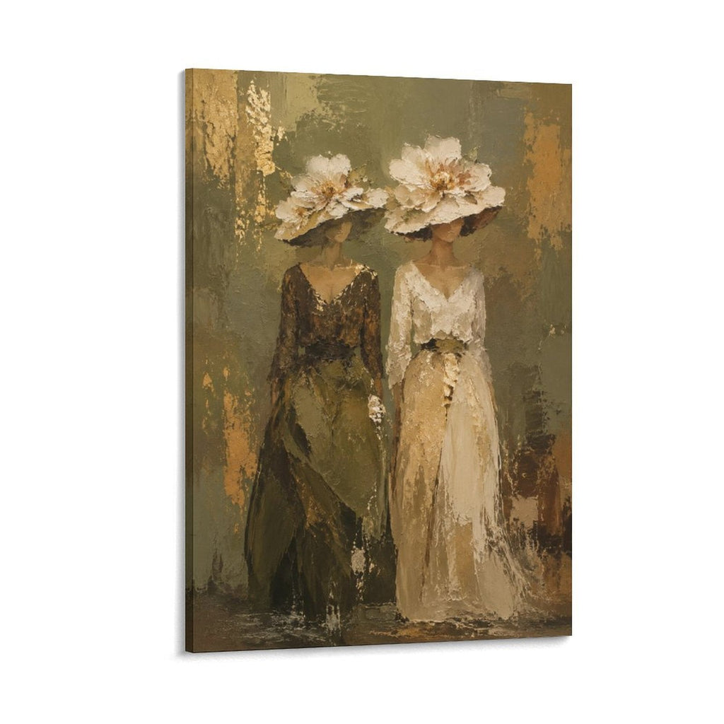 Two Elegant Women Floral Hat Vintage Old Master Figurative Framed Canvas Wall Art