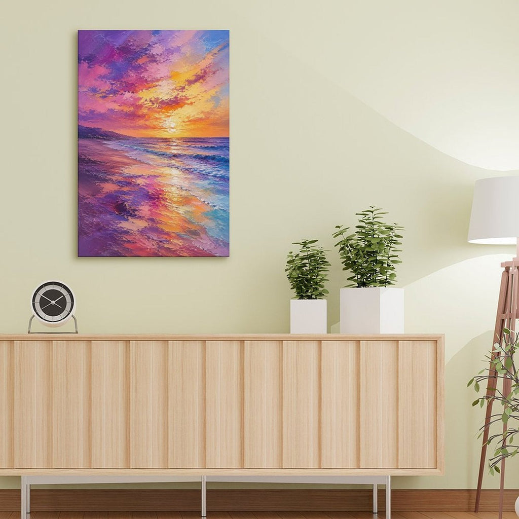 Purple Orange Sunset Beach Framed Canvas Wall Art | Vibrant Coastal Seascape Print