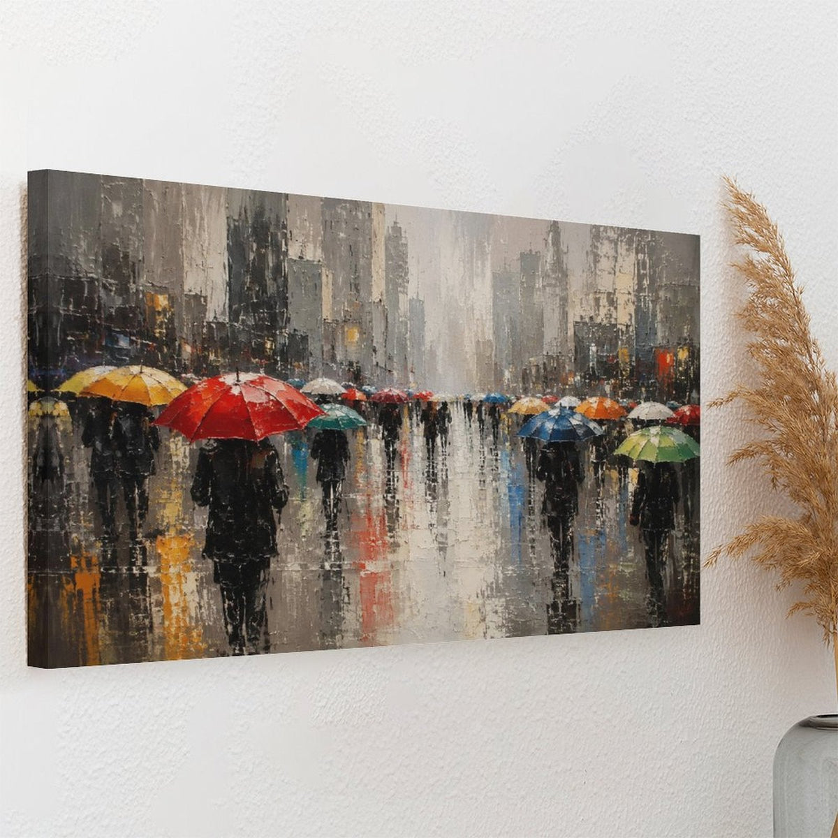 Rainy City Street Colorful Umbrellas Framed Canvas Wall Art | Impressionist Urban Scene Print