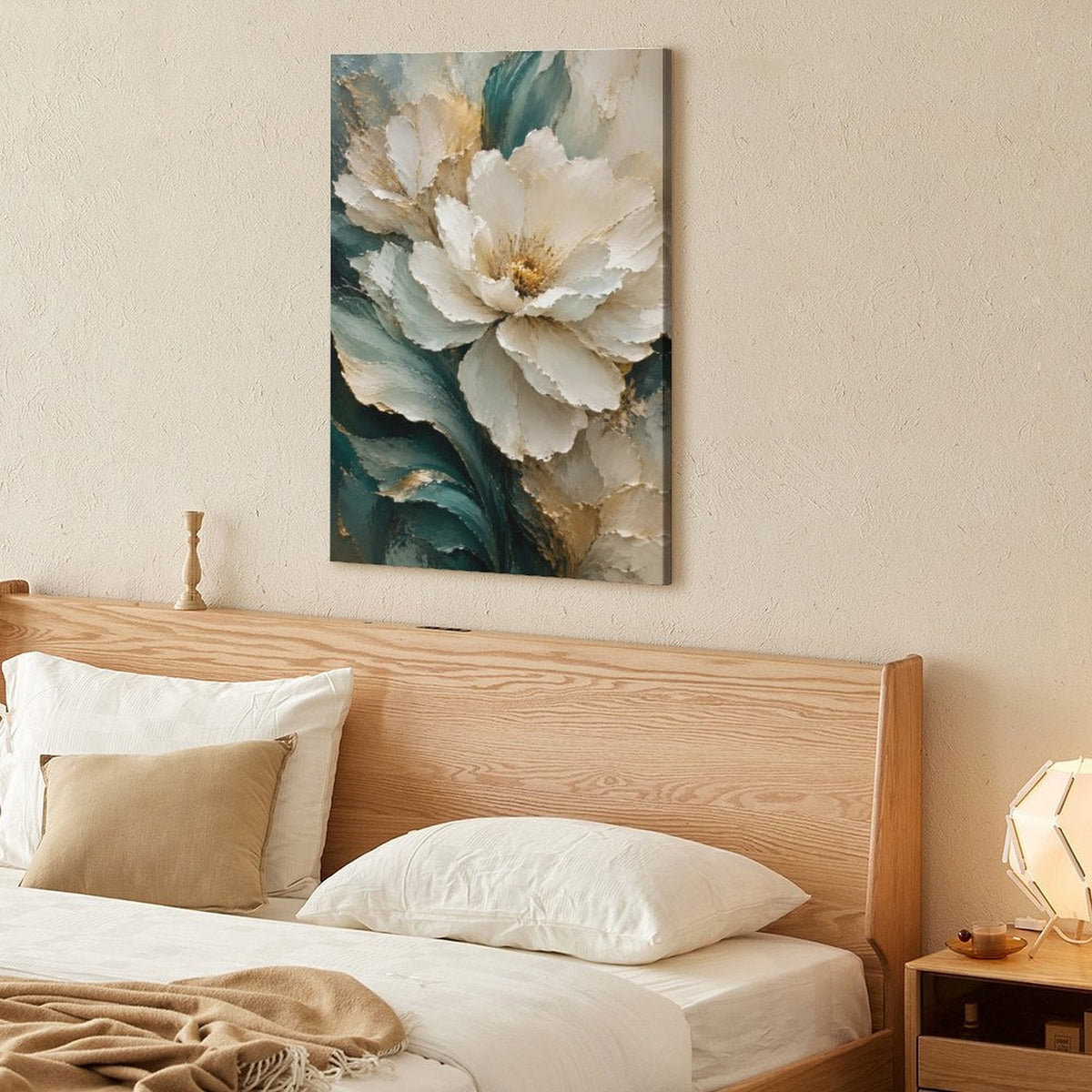 Cream White Peony Gold Botanical Framed Canvas Wall Art | Teal Green Floral Textured Print