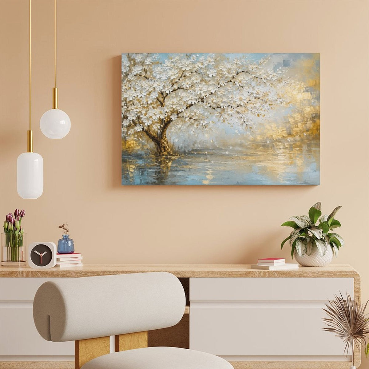 White Blossom Tree Lake Reflection Framed Canvas Wall Art | Gold Blue Textured Landscape Print