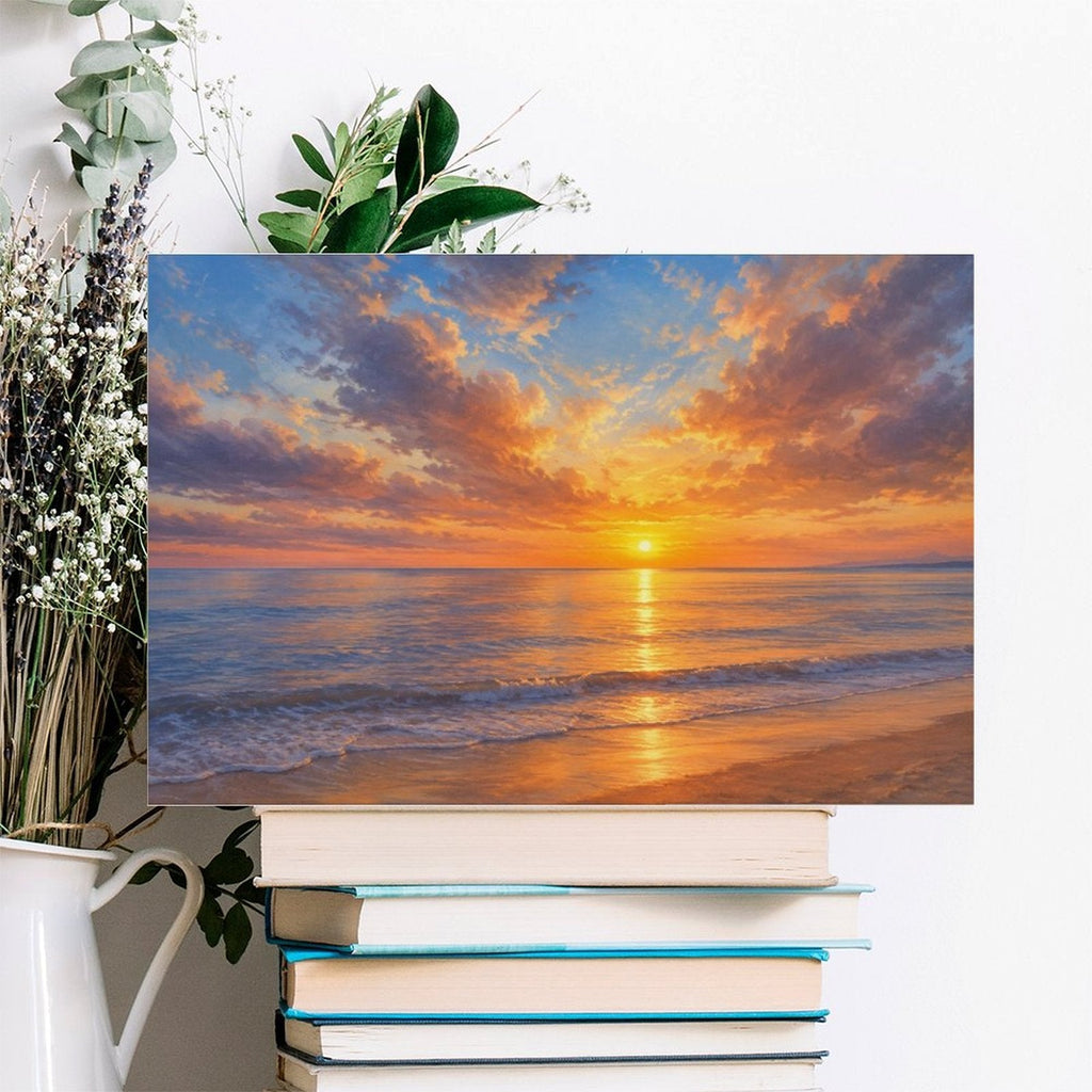 Golden Beach Sunset Framed Canvas Wall Art | Coastal Ocean Seascape Oil Painting Print