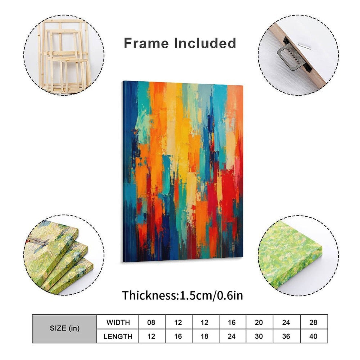Bold Vertical Color Block Abstract Framed Canvas Wall Art | Navy Orange Red Teal Expressionist Print