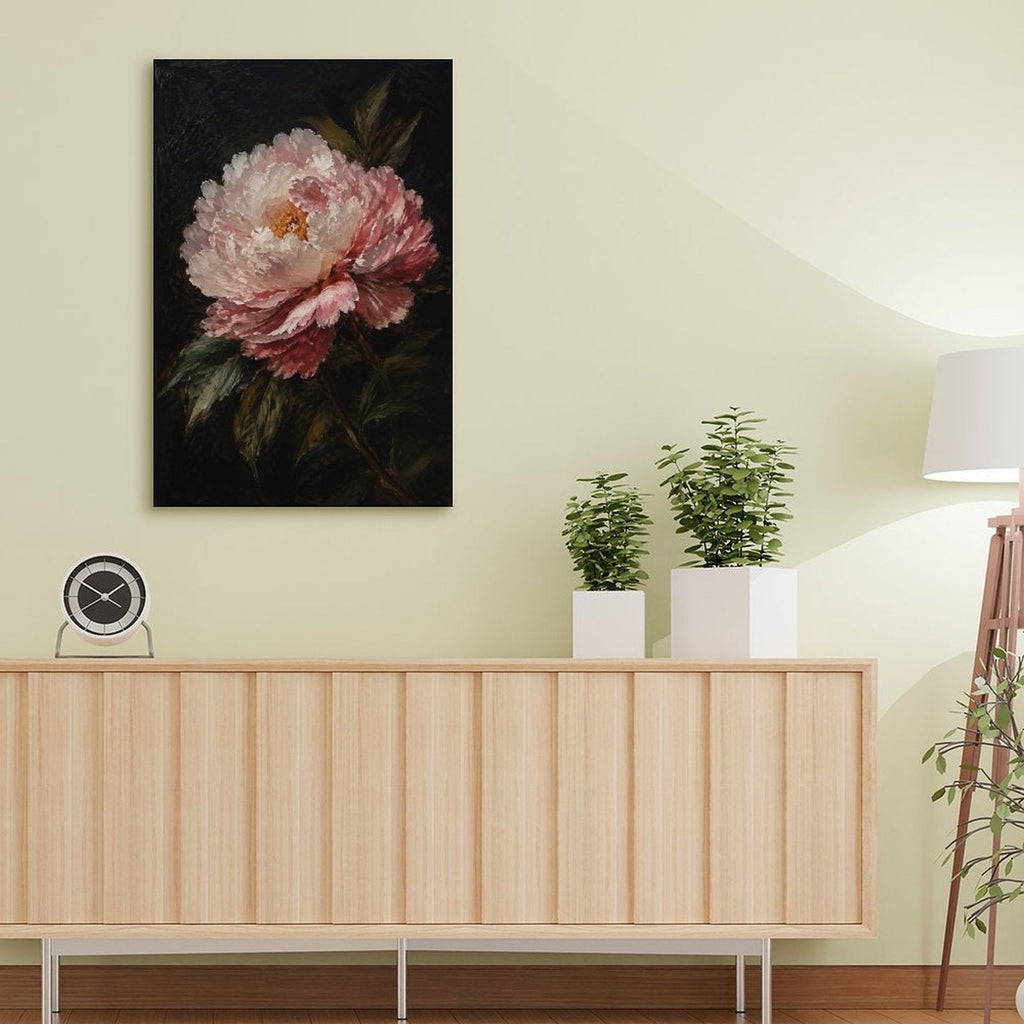 Pink Peony Dark Background Dutch Master Framed Canvas Wall Art | Old Master Floral Still Life Print