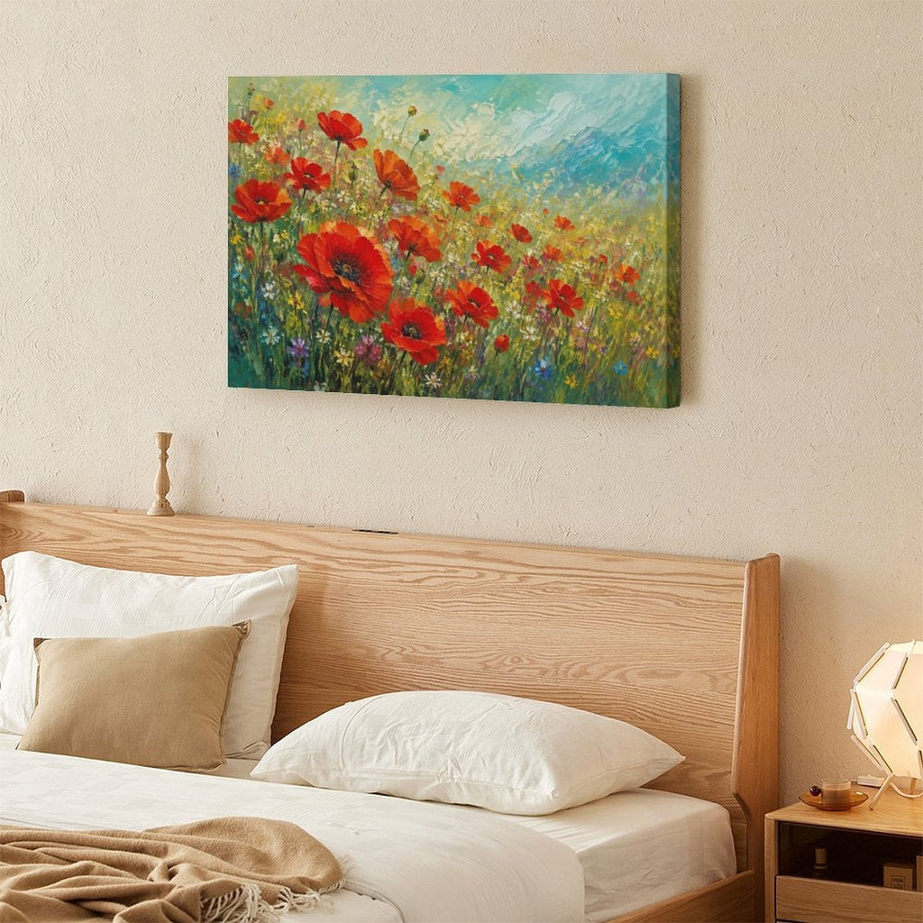 Red Poppy Wildflower Meadow Framed Canvas Wall Art | Impressionist Floral Field Print
