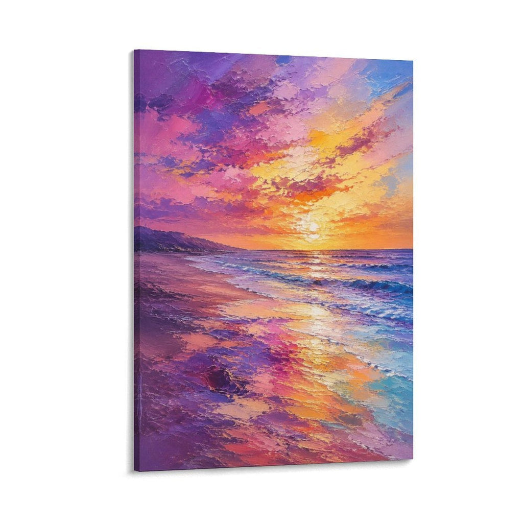 Purple Orange Sunset Beach Vibrant Coastal Seascape Framed Canvas Wall Art