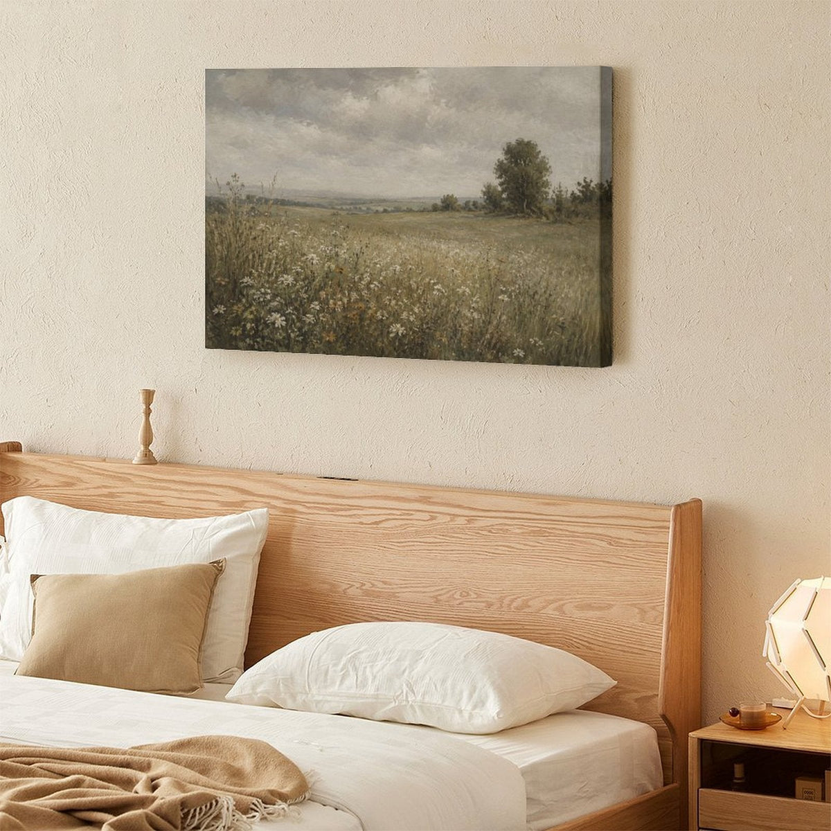 English Country Meadow Daisy Field Framed Canvas Wall Art | Vintage Moody Landscape Print