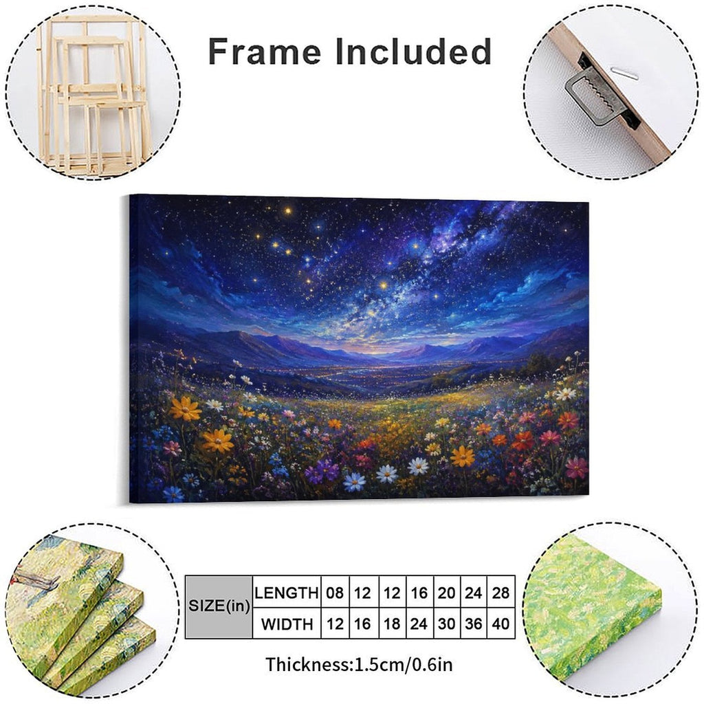 Starry Night Wildflower Meadow Framed Canvas Wall Art | Galaxy Sky Colorful Floral Landscape Print