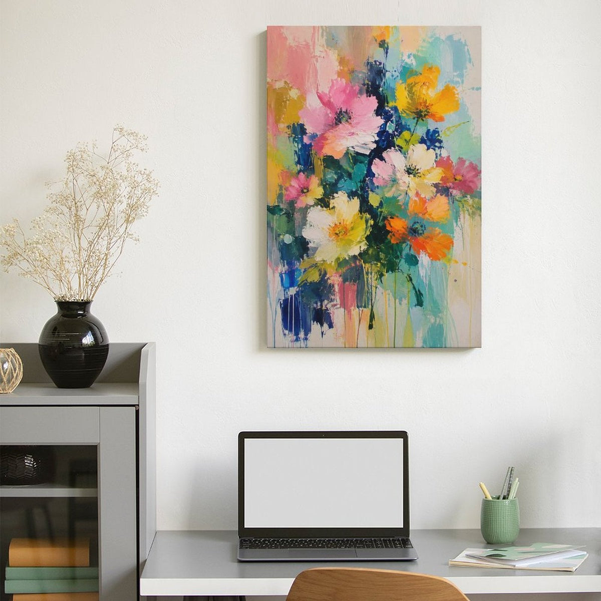 Vibrant Wildflower Bouquet Abstract Framed Canvas Wall Art | Colorful Expressionist Floral Print
