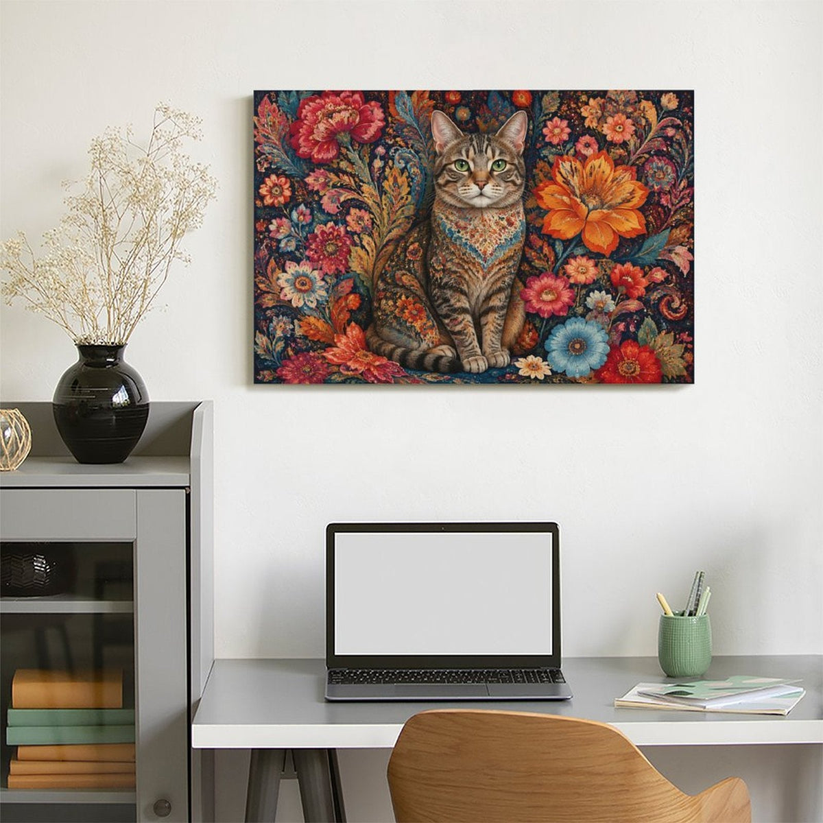 Persian Floral Tabby Cat Framed Canvas Wall Art | Folk Art Botanical Animal Print