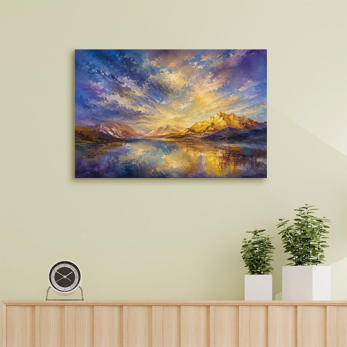 Purple Gold Dramatic Sky Mountain Lake Framed Canvas Wall Art | Impressionist Landscape Print