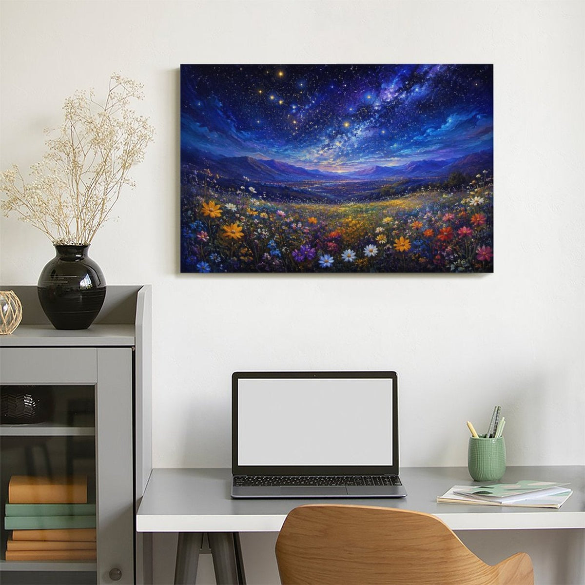 Starry Night Wildflower Meadow Framed Canvas Wall Art | Galaxy Sky Colorful Floral Landscape Print