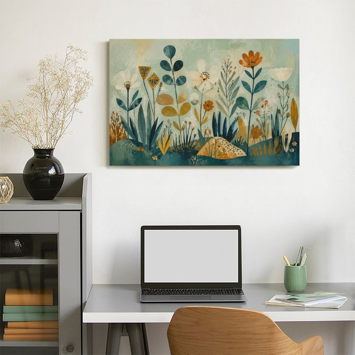 Nordic Folk Art Wildflower Botanical Framed Canvas Wall Art | Teal Gold Vintage Illustration Print