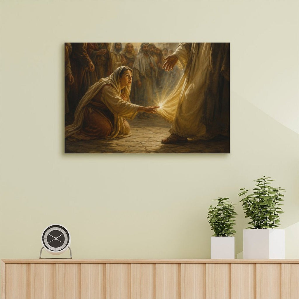 Woman Touching Jesus Robe Healing Miracle Framed Canvas Wall Art | Classical Religious Print
