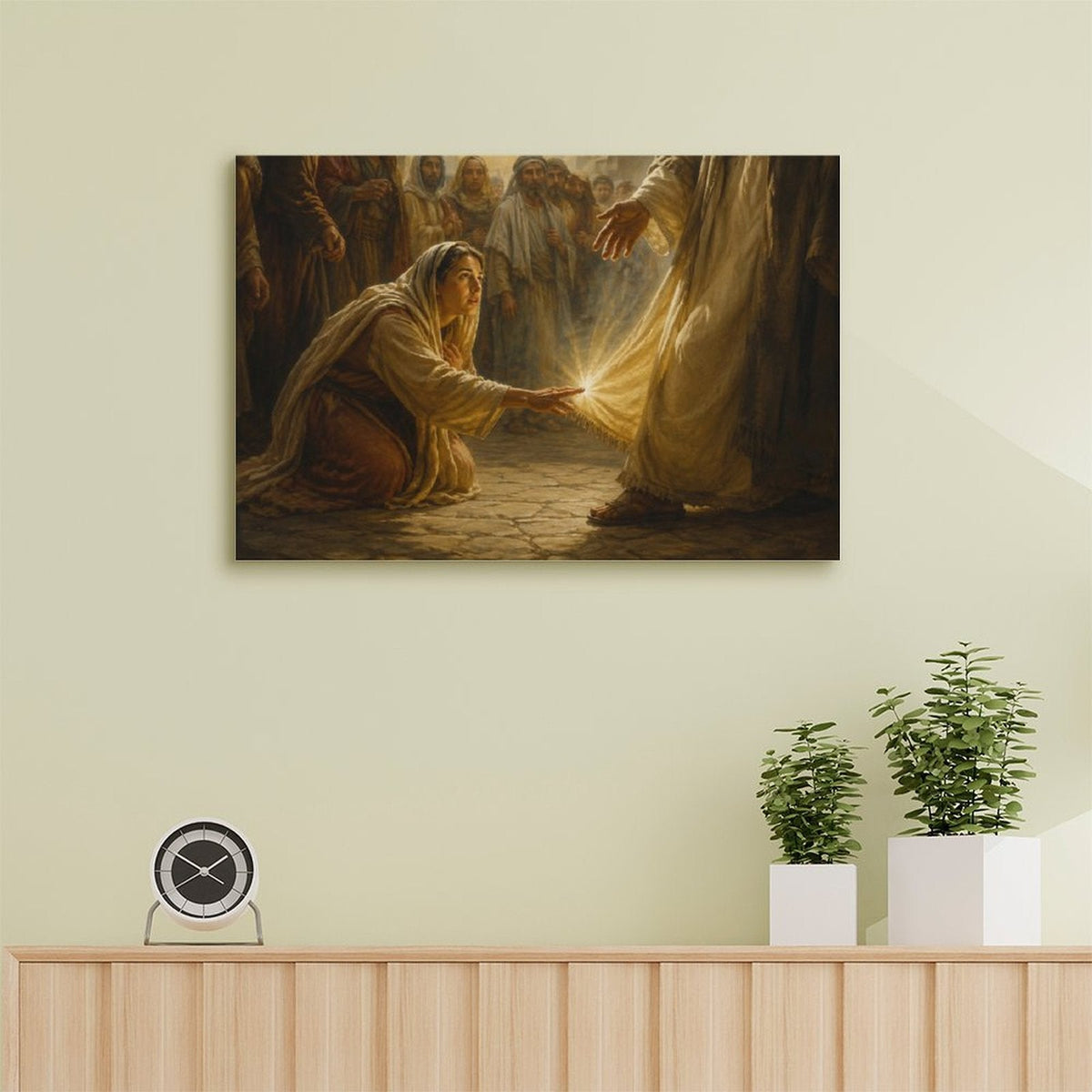 Woman Touching Jesus Robe Healing Miracle Framed Canvas Wall Art | Classical Religious Print