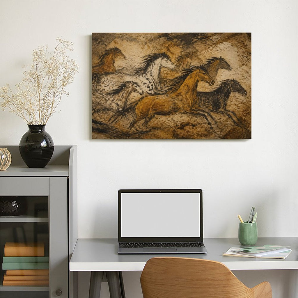 Cave Painting Wild Horses Framed Canvas Wall Art | Prehistoric Primitive Equestrian Print