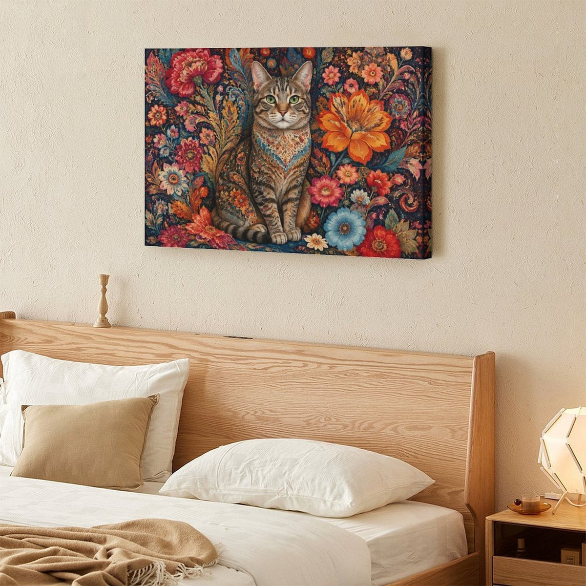Persian Floral Tabby Cat Framed Canvas Wall Art | Folk Art Botanical Animal Print