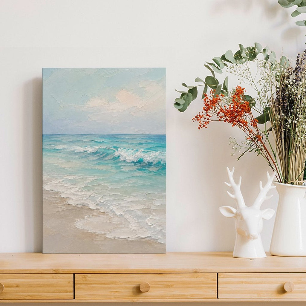 Serene Beach Waves Framed Canvas Wall Art | Soft Teal Coastal Oil Painting Print