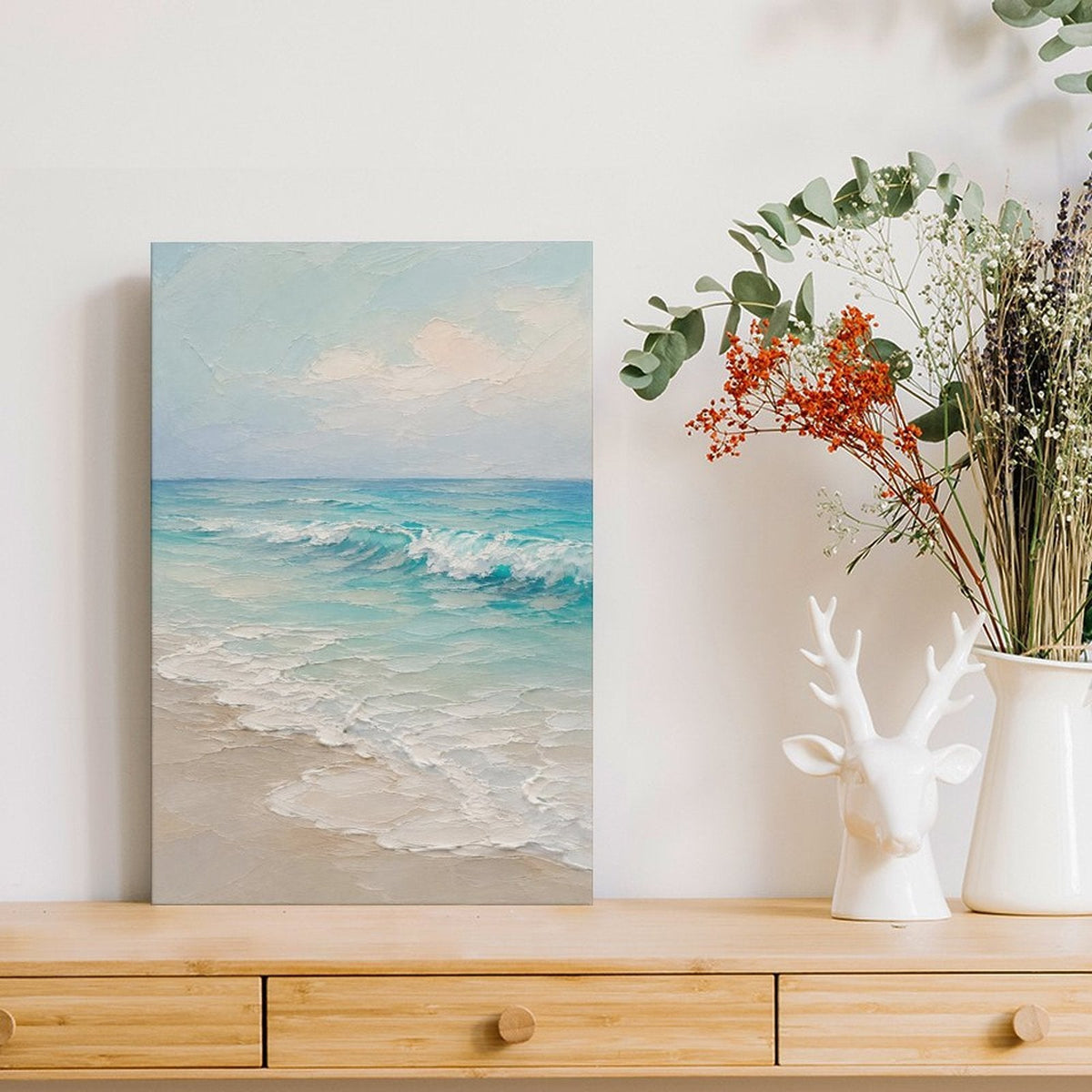 Serene Beach Waves Framed Canvas Wall Art | Soft Teal Coastal Oil Painting Print