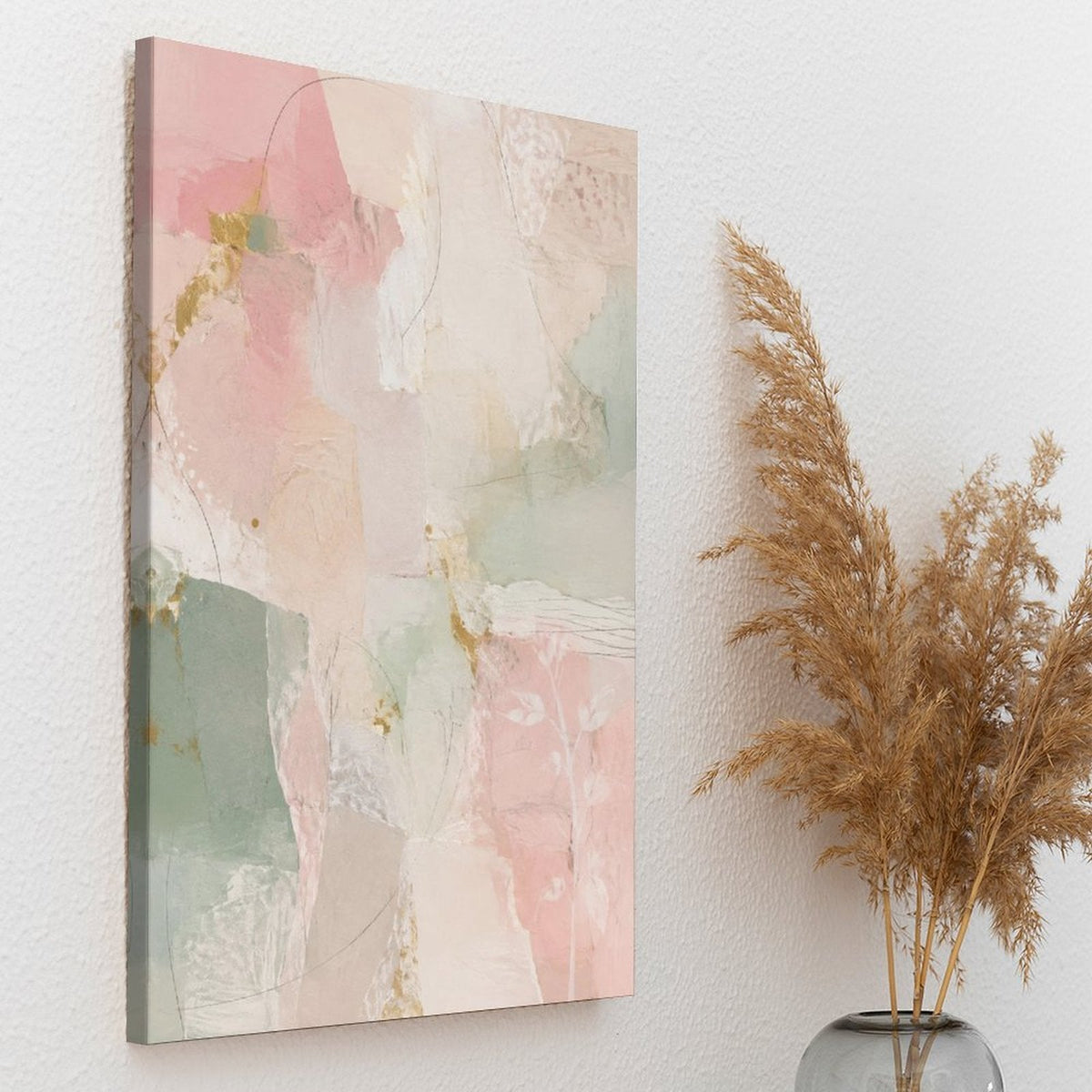 Blush Pink Mint Gold Soft Abstract Framed Canvas Wall Art | French Romantic Pastel Print