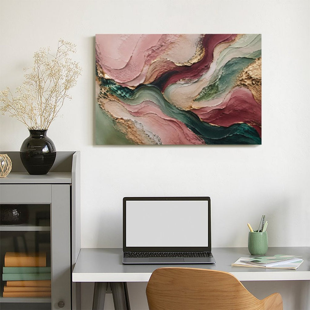 Rose Gold Teal Flowing Wave Textured Abstract Framed Canvas Wall Art | Luxury Palette Knife Print