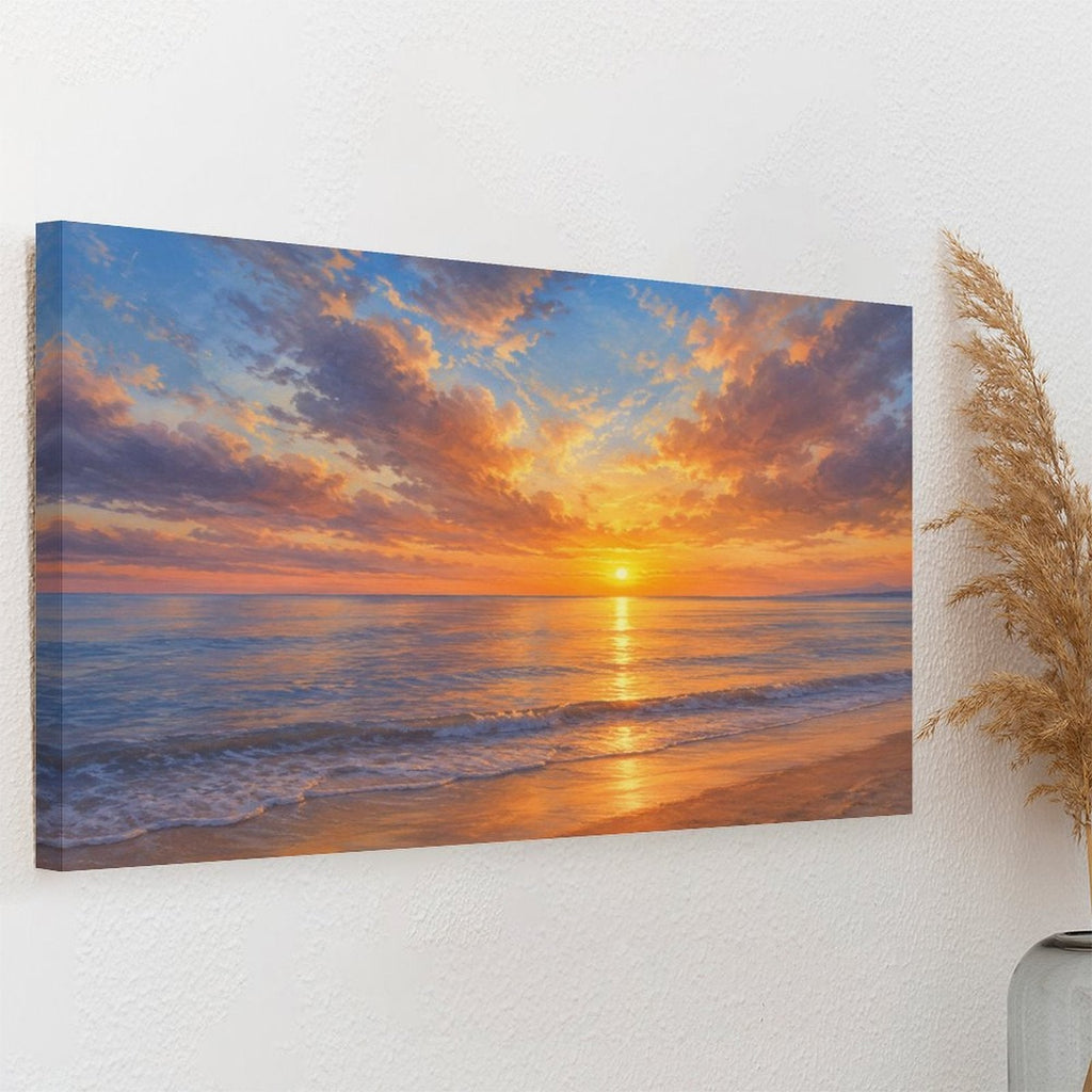 Golden Beach Sunset Framed Canvas Wall Art | Coastal Ocean Seascape Oil Painting Print
