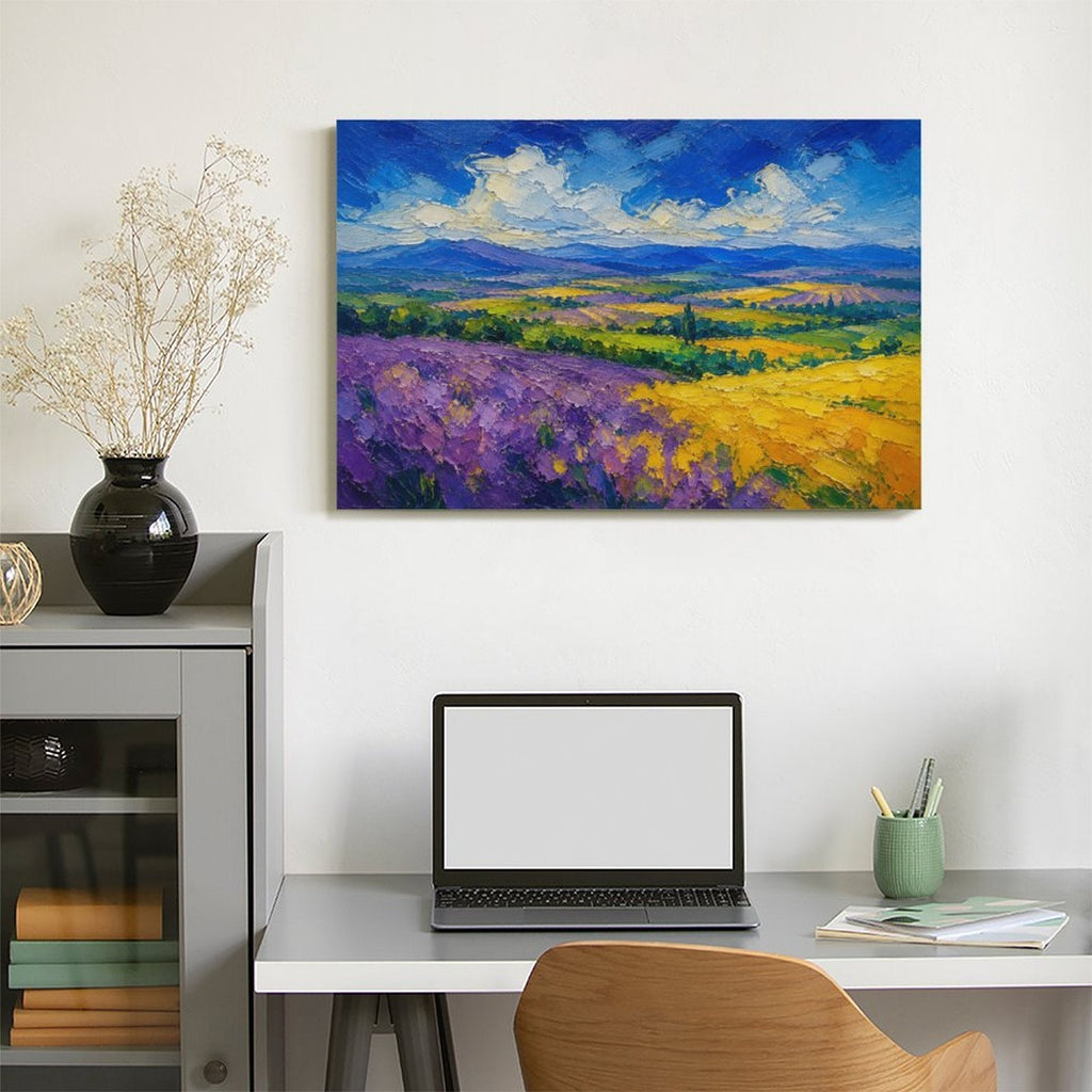 Provence Lavender Field Impressionist Framed Canvas Wall Art | Purple Yellow Landscape Textured Print