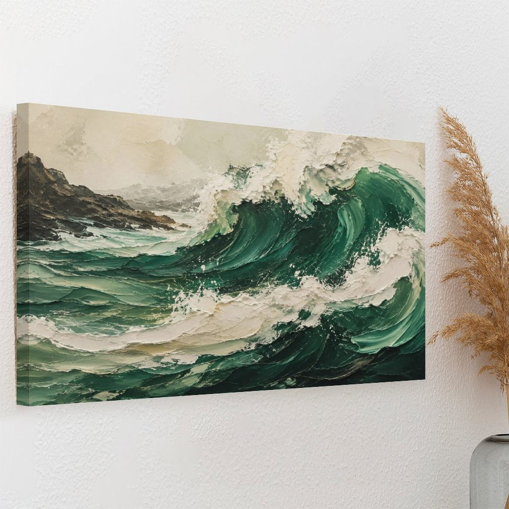 Deep Emerald Ocean Wave Textured Framed Canvas Wall Art | Vintage Coastal Seascape Print