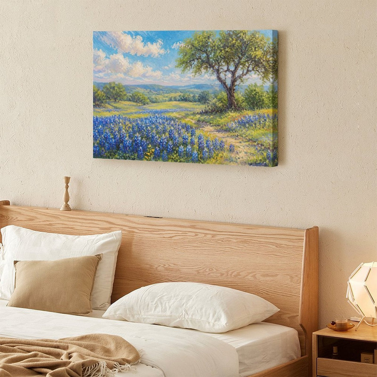 Texas Bluebonnet Field Oak Tree Framed Canvas Wall Art | Impressionist Spring Meadow Print