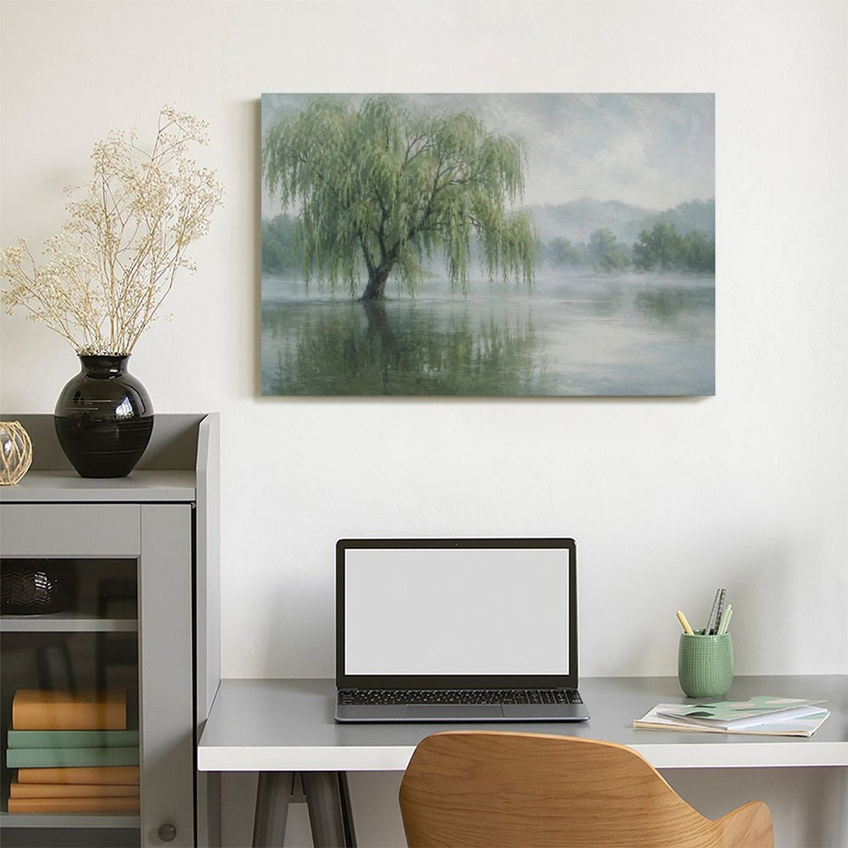 Misty Willow Tree Lake Reflection Framed Canvas Wall Art | Serene Chinese Landscape Print