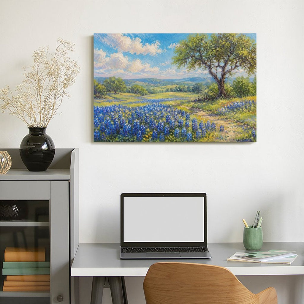 Texas Bluebonnet Field Oak Tree Framed Canvas Wall Art | Impressionist Spring Meadow Print