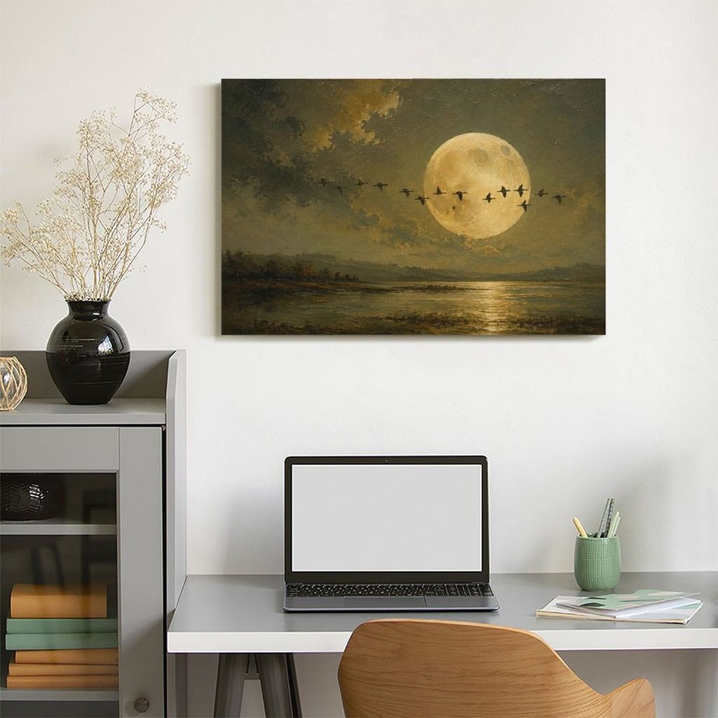 Full Moon Migrating Birds Lake Reflection Framed Canvas Wall Art | Old Master Nocturnal Landscape Print