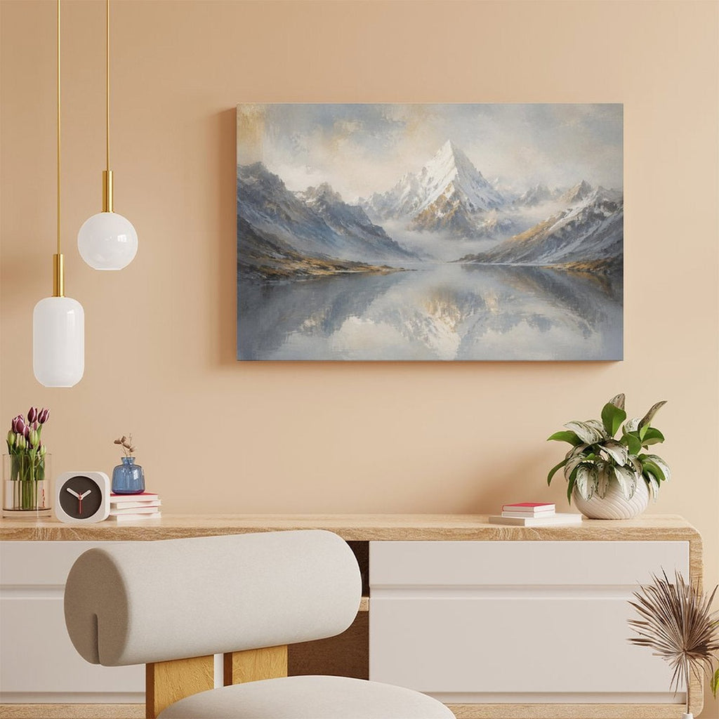 Misty Snow Mountain Lake Reflection Framed Canvas Wall Art | Nordic Minimalist Landscape Print