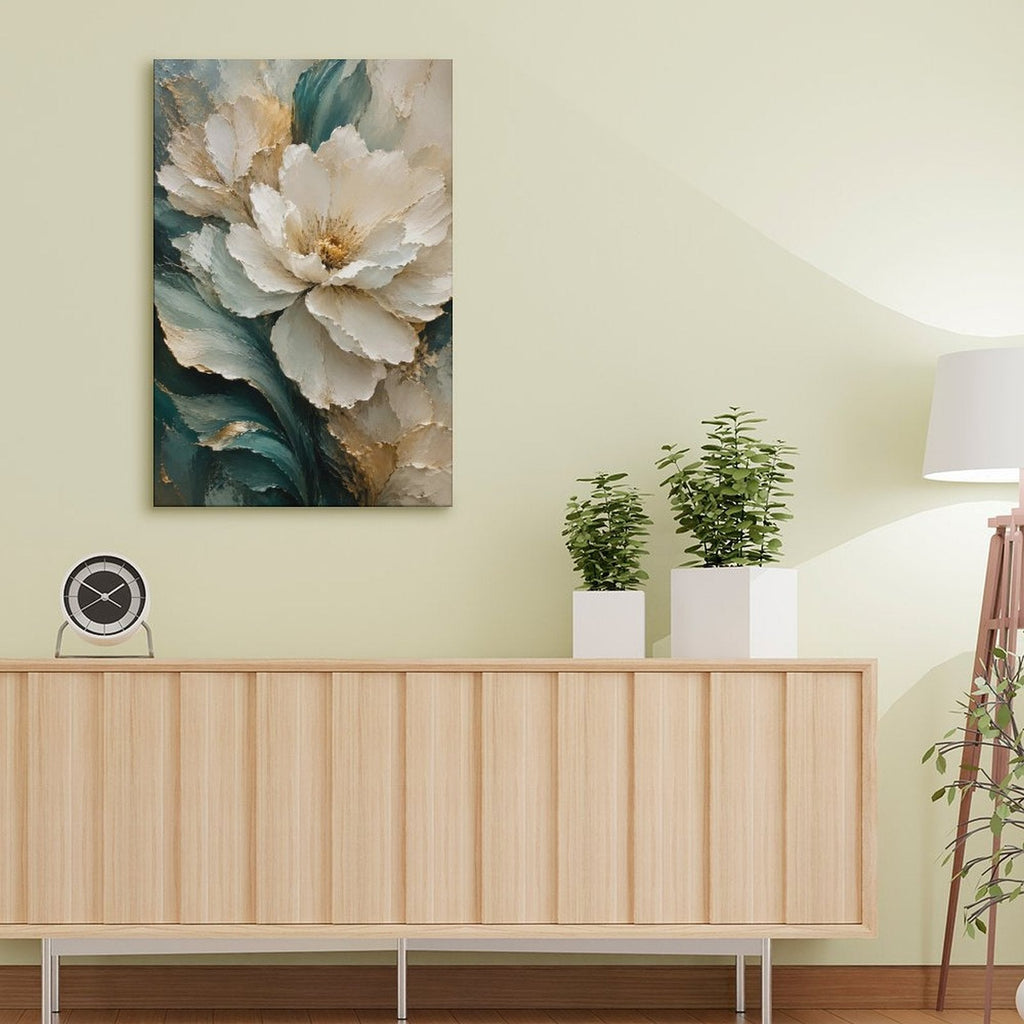 Cream White Peony Gold Botanical Framed Canvas Wall Art | Teal Green Floral Textured Print