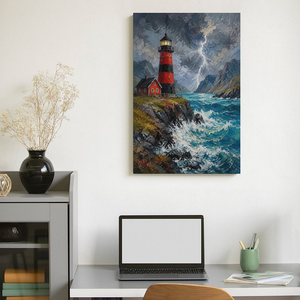 Stormy Lighthouse Cliff Framed Canvas Wall Art | Red & Black Coastal Oil Painting Print