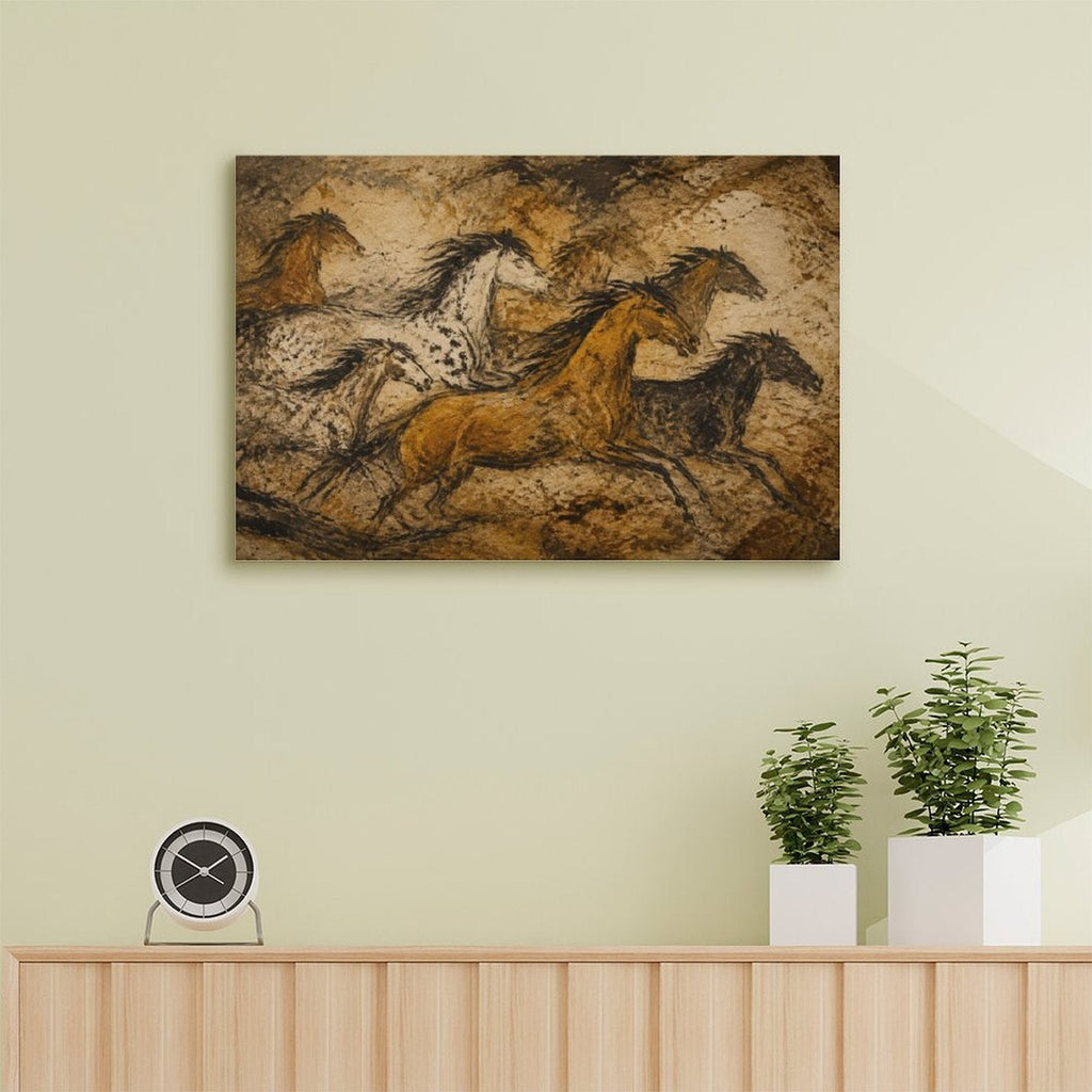 Cave Painting Wild Horses Framed Canvas Wall Art | Prehistoric Primitive Equestrian Print