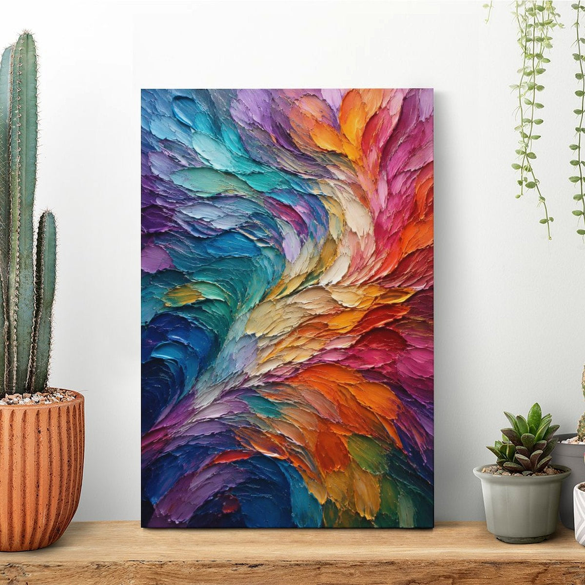 Rainbow Spiral Textured Abstract Framed Canvas Wall Art | Vibrant Palette Knife Swirl Print