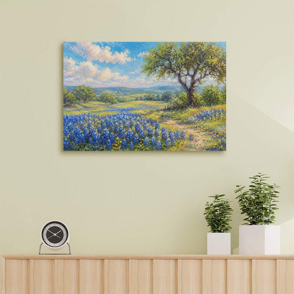 Texas Bluebonnet Field Oak Tree Framed Canvas Wall Art | Impressionist Spring Meadow Print