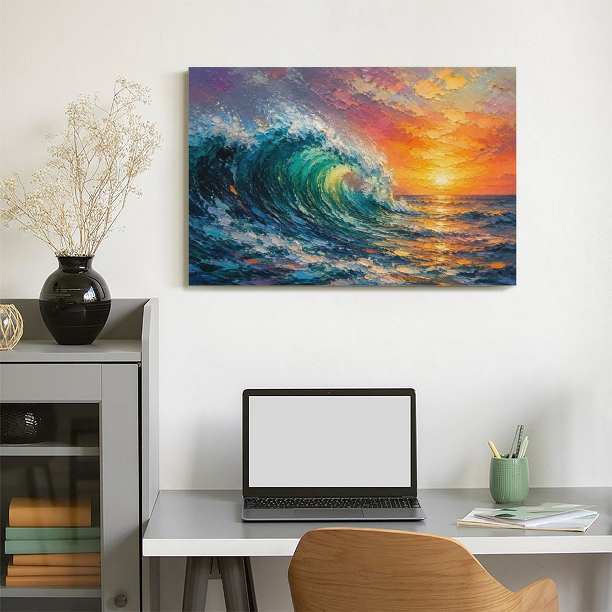 Crashing Ocean Wave Sunset Framed Canvas Wall Art | Impressionist Seascape Print