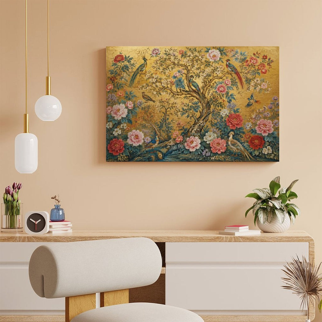 Chinese Imperial Flower & Bird Gold Framed Canvas Wall Art | Chinoiserie Peacock Peony Print