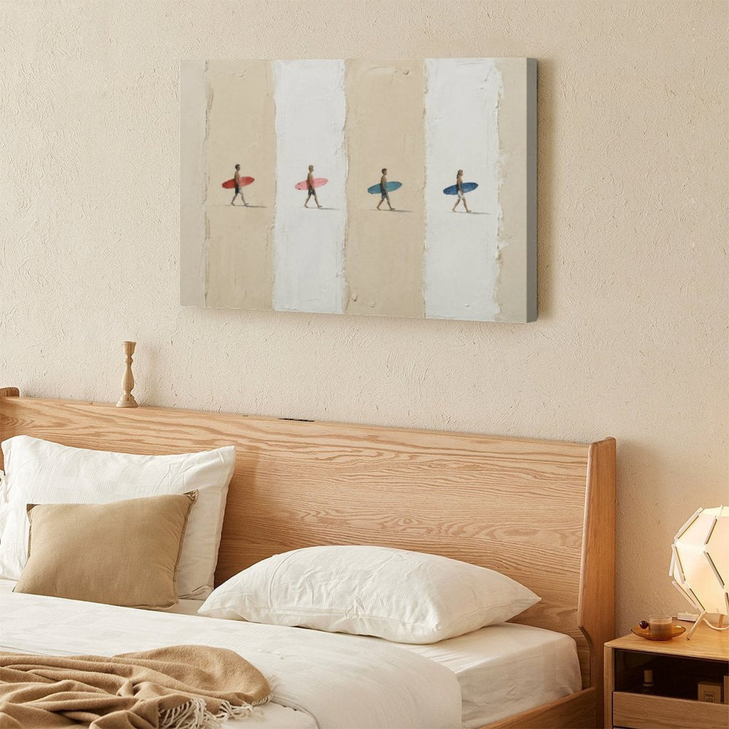 Four Surfers Colorful Boards Minimalist Framed Canvas Wall Art | Coastal Beach Stripe Print