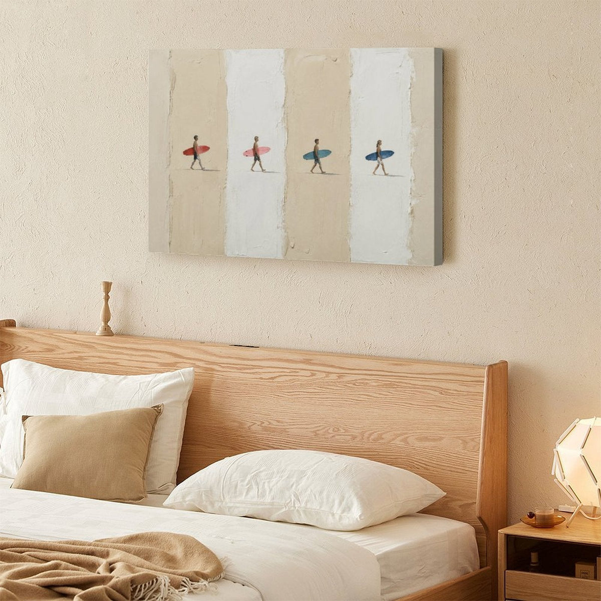 Four Surfers Colorful Boards Minimalist Framed Canvas Wall Art | Coastal Beach Stripe Print