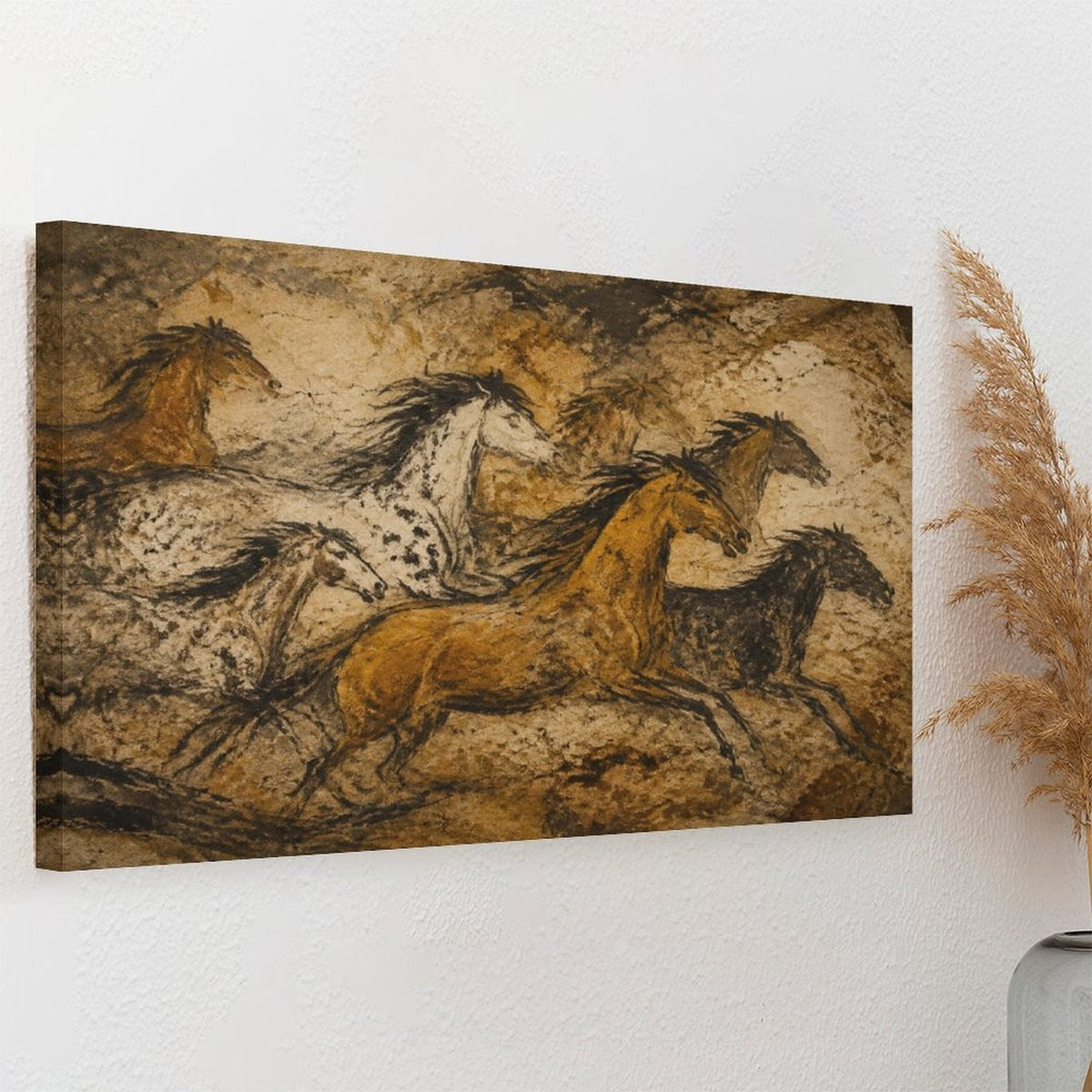 Cave Painting Wild Horses Framed Canvas Wall Art | Prehistoric Primitive Equestrian Print