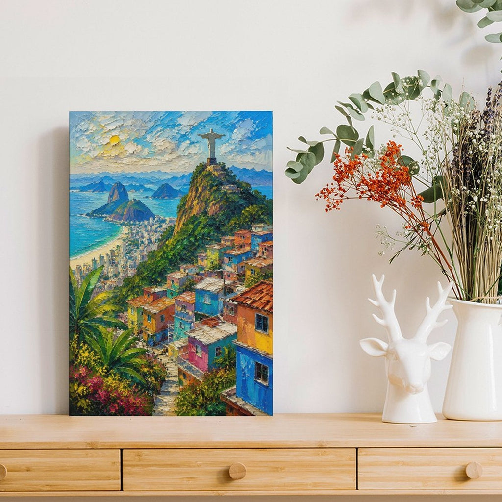 Rio de Janeiro Christ the Redeemer Favela Panorama Framed Canvas Wall Art | Impressionist Brazil Cityscape Print