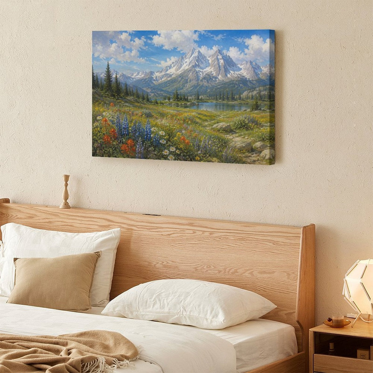 Alpine Wildflower Meadow Snow Mountain Lake Framed Canvas Wall Art | Realist Mountain Landscape Print