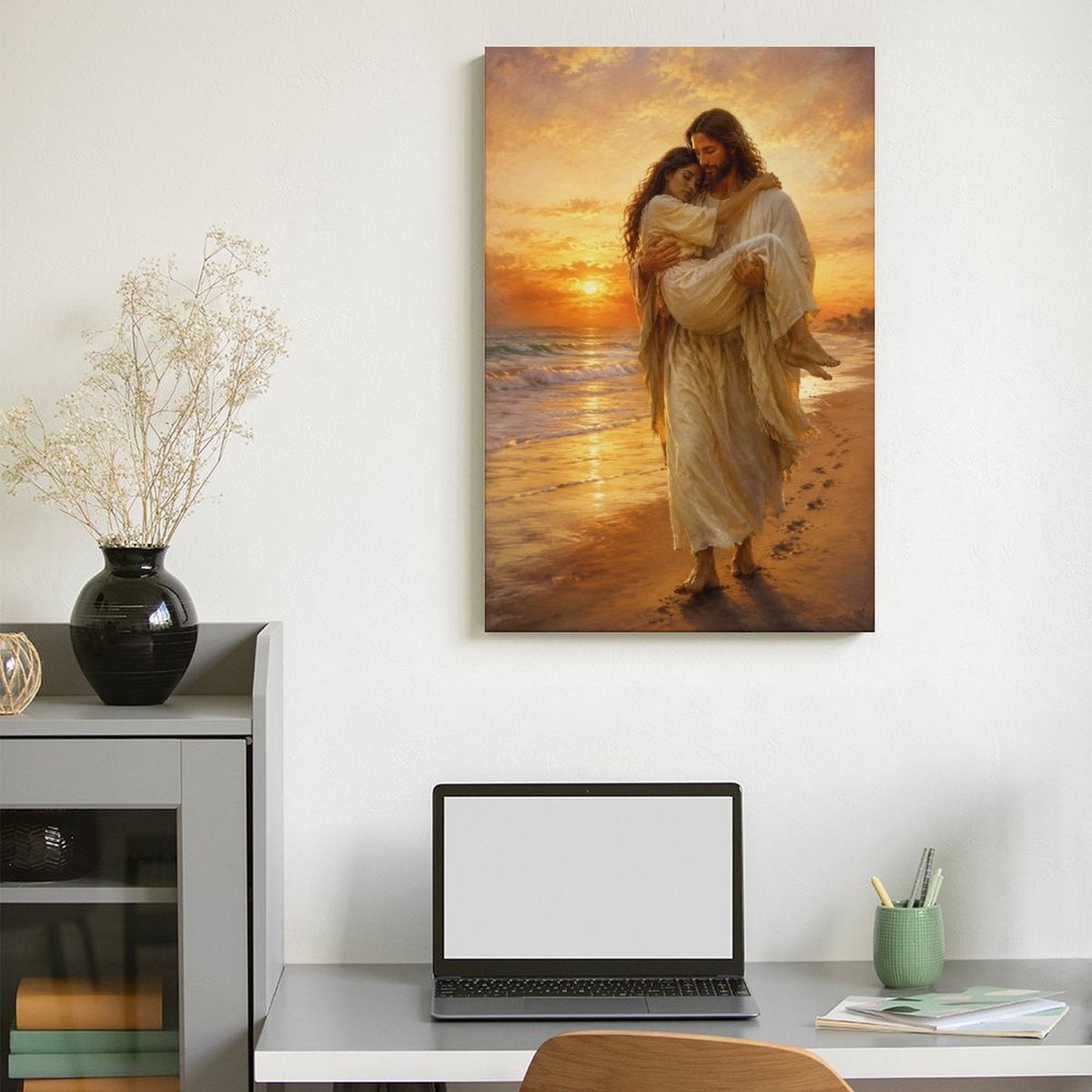 Jesus Carrying Woman Footprints Beach Sunset Framed Canvas Wall Art | Inspirational Religious Print