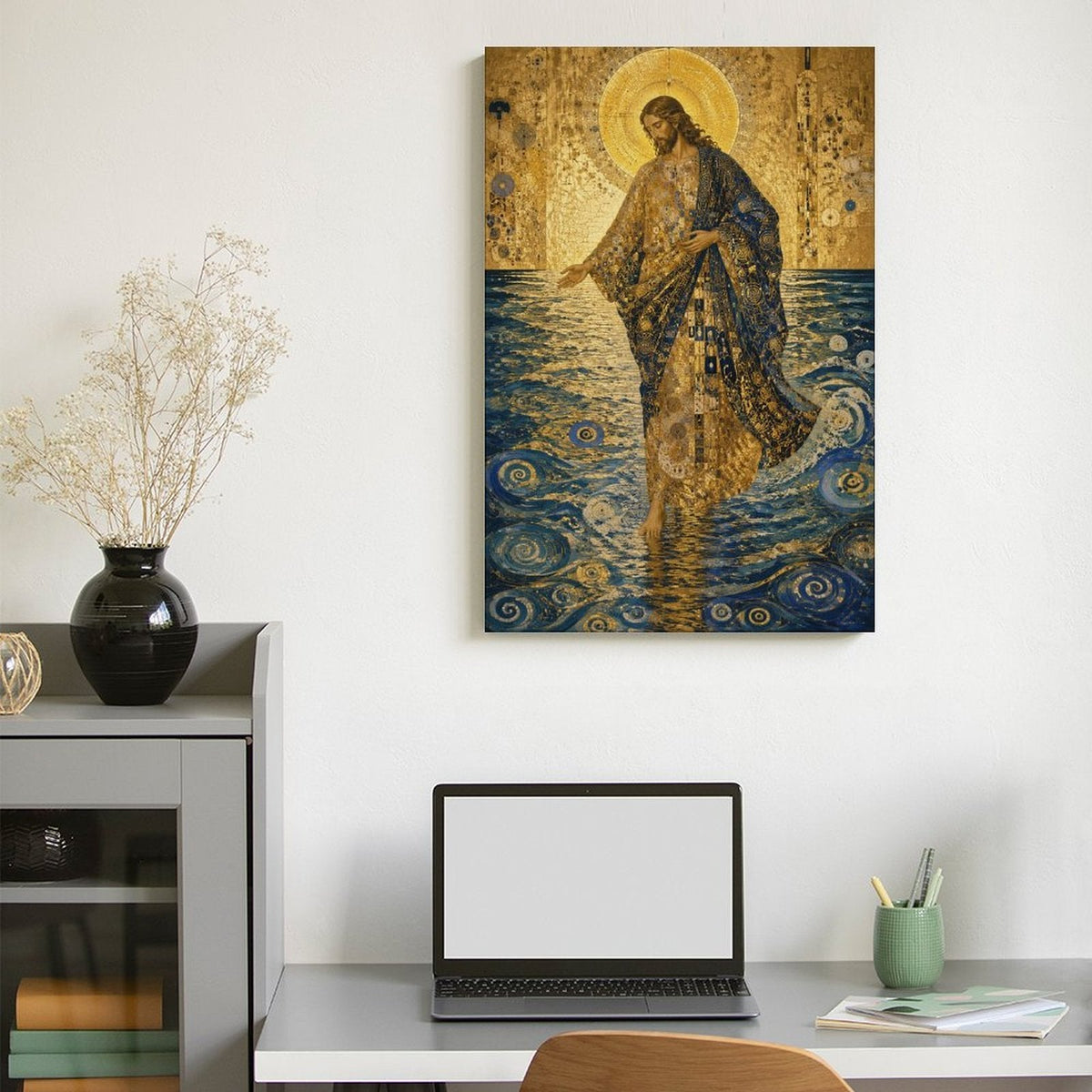 Jesus Walking on Water Klimt-Style Framed Canvas Wall Art | Gold Mosaic Religious Print