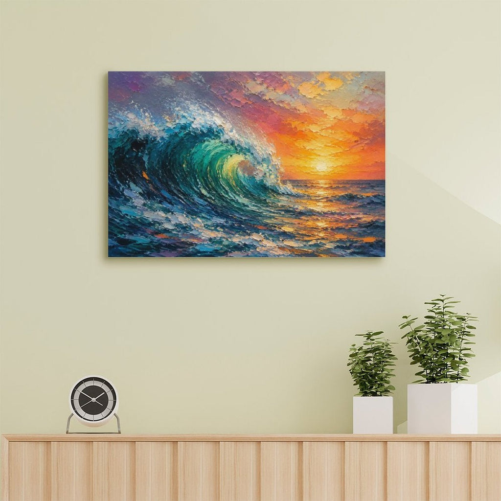 Crashing Ocean Wave Sunset Framed Canvas Wall Art | Impressionist Seascape Print